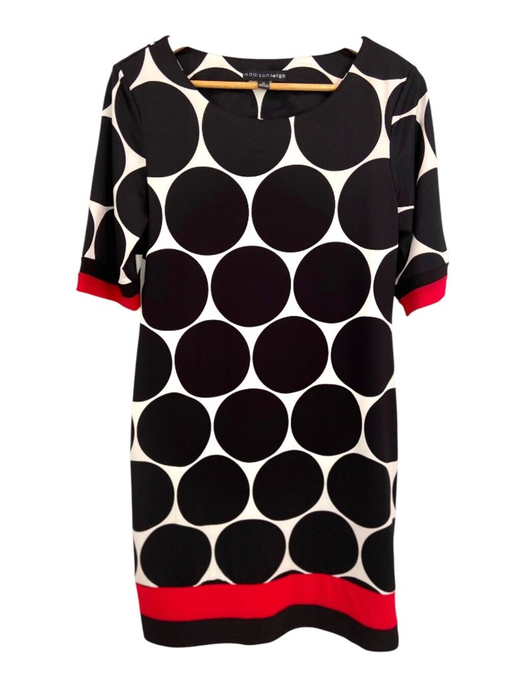 Madison Leigh Black White Polka Dot Red Trim Mod Shift Dress Size 8 Retro